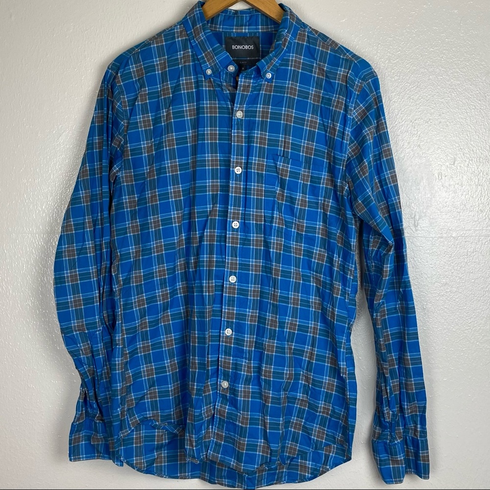 Bonobos blue & Gray slim Fit Plaid Button Down Long Sleeve Collared Shirt
